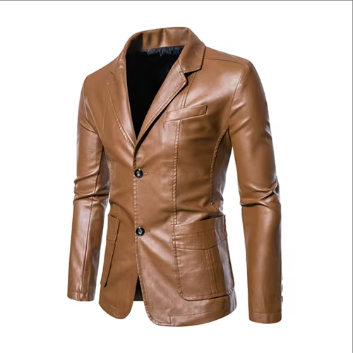 Men's black slim fit leather jacket with suit collar, premium smooth finish for business professionals