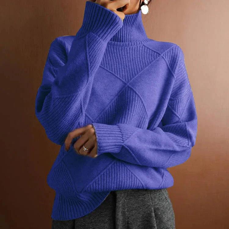 Women's relaxed fit wool turtleneck sweater with geometric ribbed texture for cozy everyday style