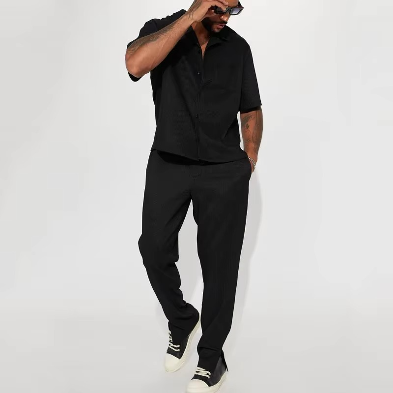 Men's solid two-piece streetwear set short sleeve lapel shirt matching pants elastic waist casual fit