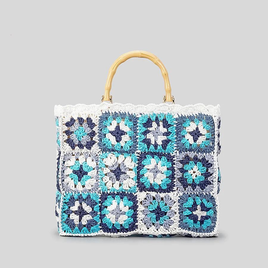 Boho mini crochet tote bag natural tones lightweight bamboo handle handcrafted eco-conscious design