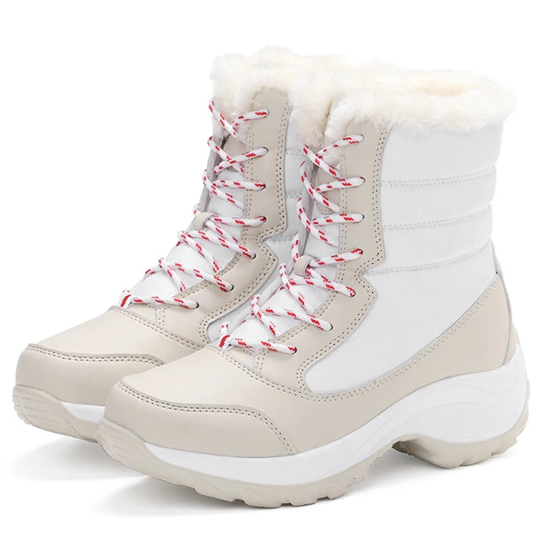 Women's mid-calf lace-up snow boots with faux fur lining, water-resistant platform, winter style