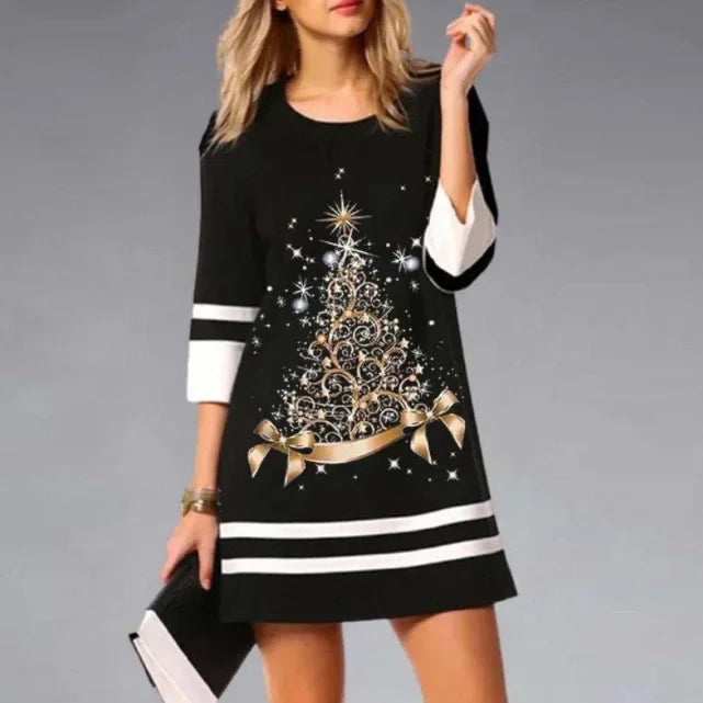 Women's winter mini dress long sleeve burgundy shimmering deer motif festive cozy style