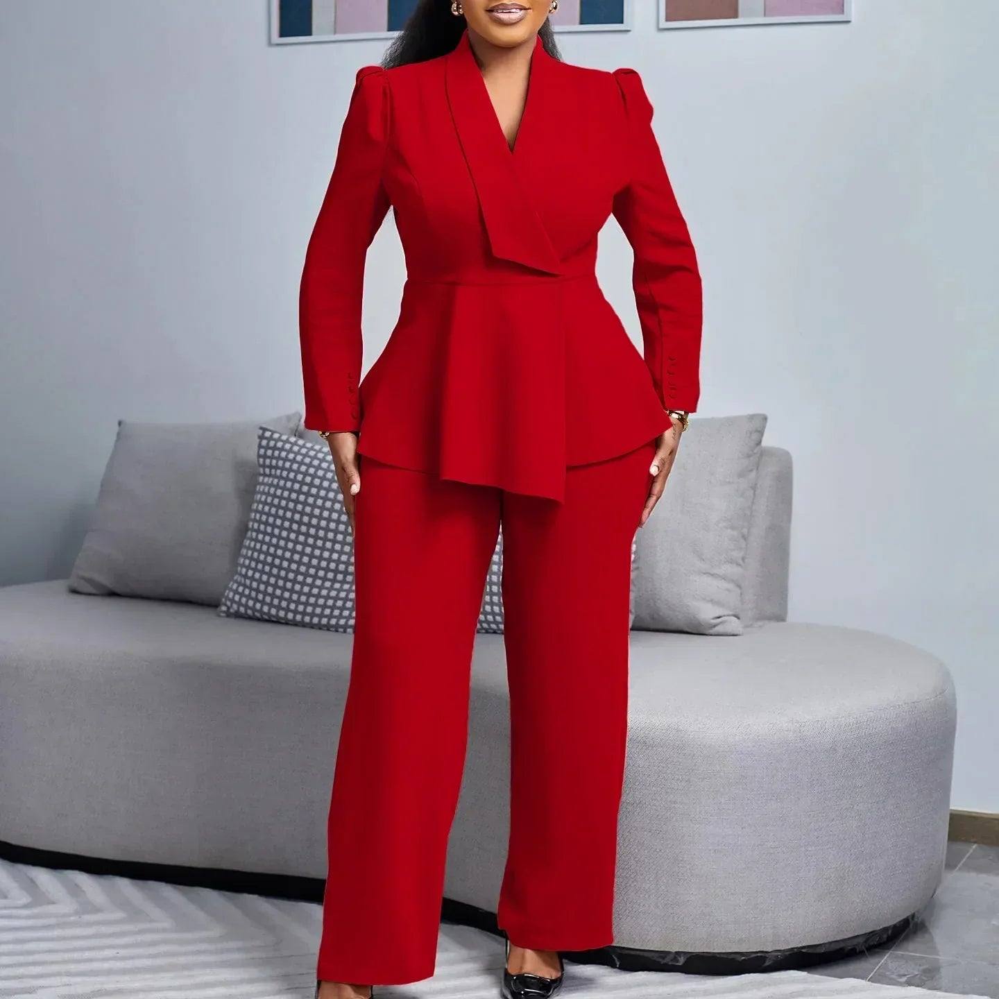 Women's formal peplum blazer suit set structured tailored long jacket two-piece elegant workwear