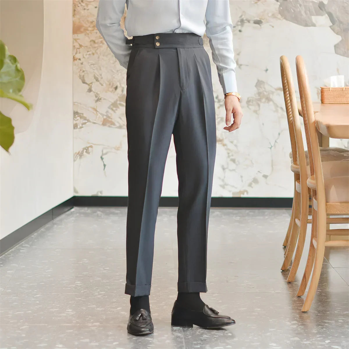 Men's high waist tailored trousers with front pleats, Nordic-inspired straight silhouette for professionals