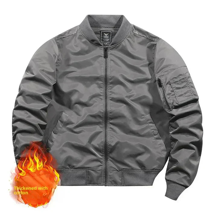 Men's olive green pilot bomber jacket classic silhouette with ribbed cuffs sustainable fabric