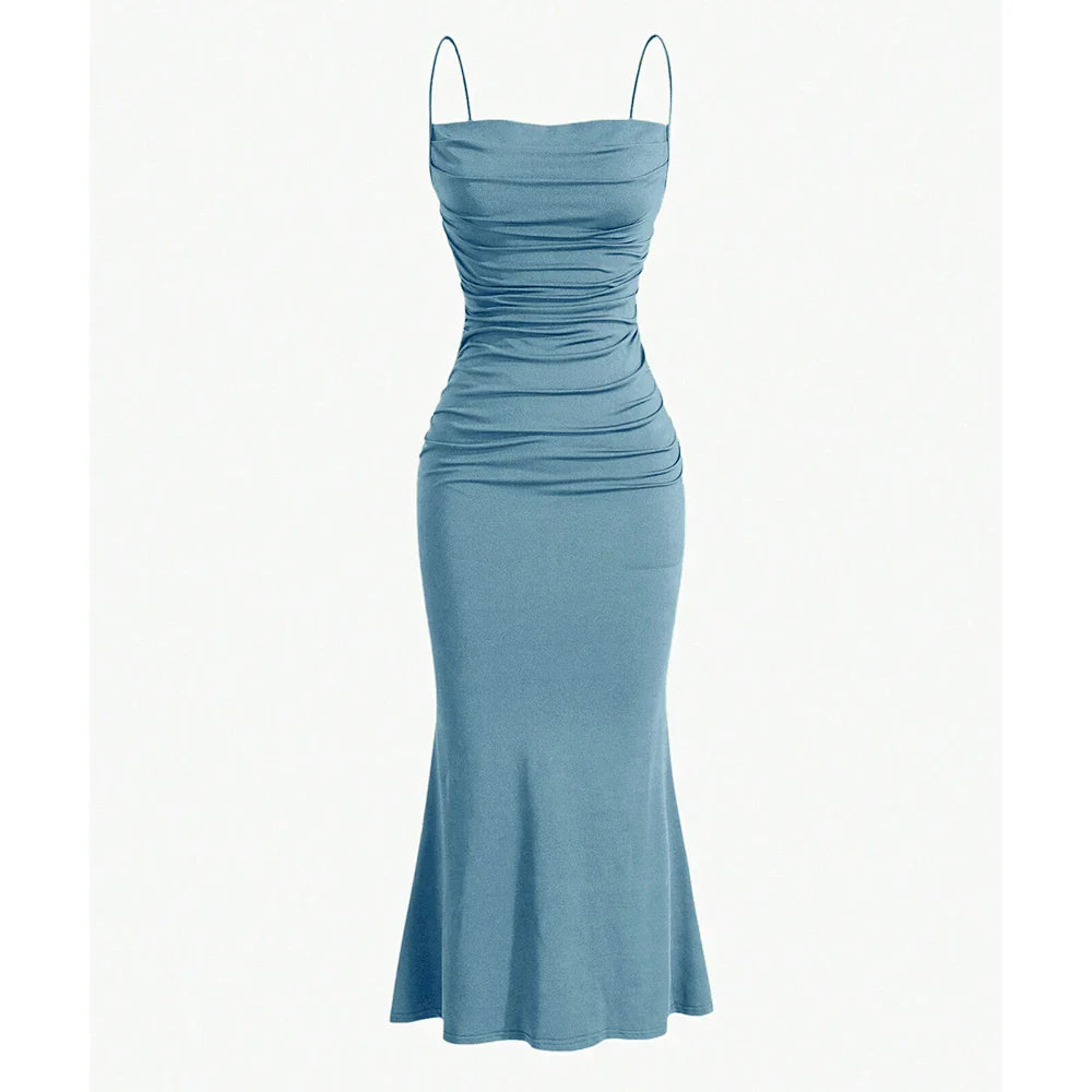 Anna draped maxi dress stretch fabric ruched bodice soft neckline slim flared silhouette women