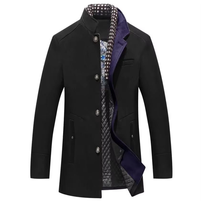 Men's charcoal wool blend insulated overcoat with distinctive scarf collar, slim-fit winter style