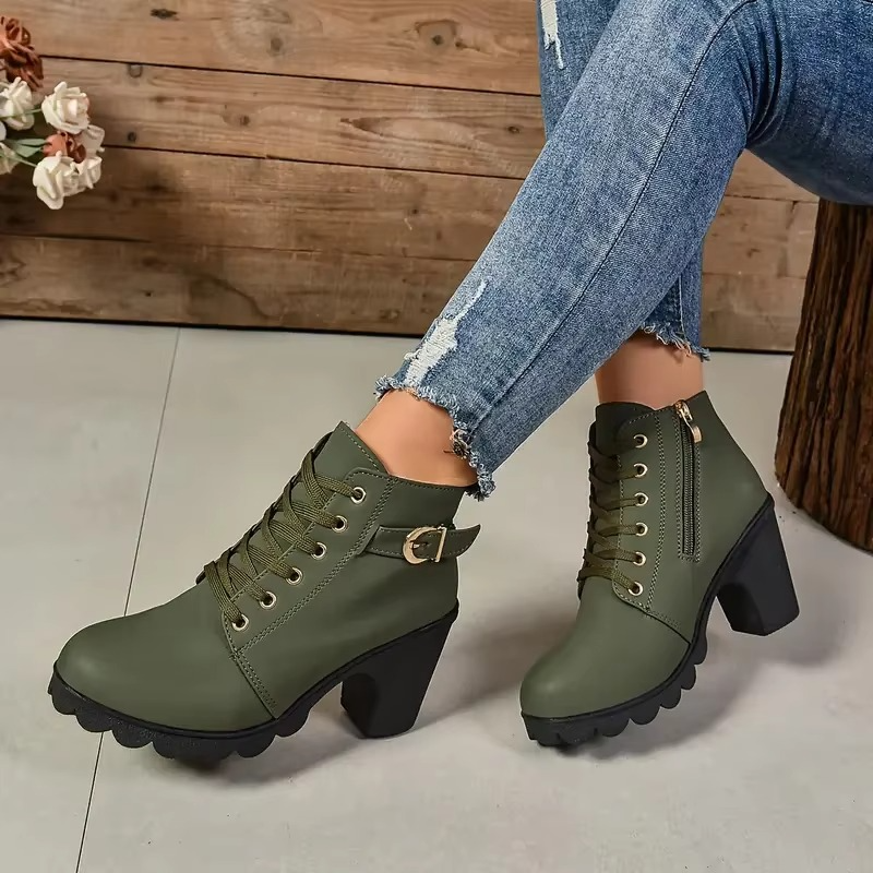 Women's lace-up high heel boots in sleek PU, autumn-winter style with anti-slip soles for confident traction