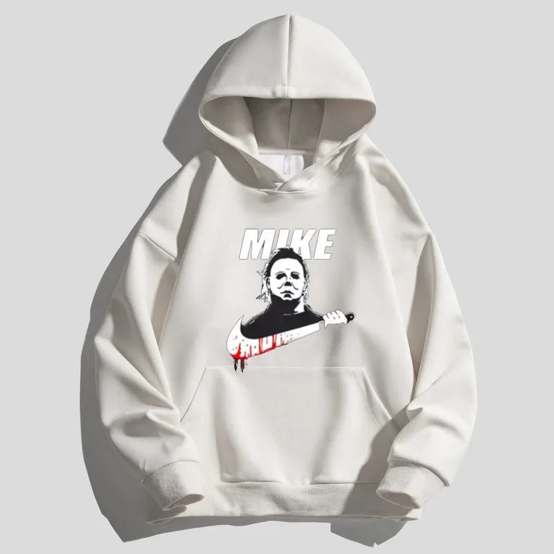 Men's oversized gray fleece hoodie with bold Mike graphic print and premium durable stitching