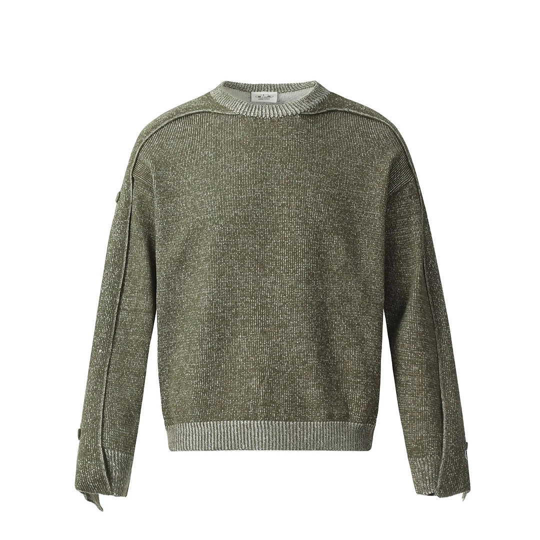 Men's patchwork crewneck wool sweater in multi-tone blocks, lightweight artisanal knit with textured layering