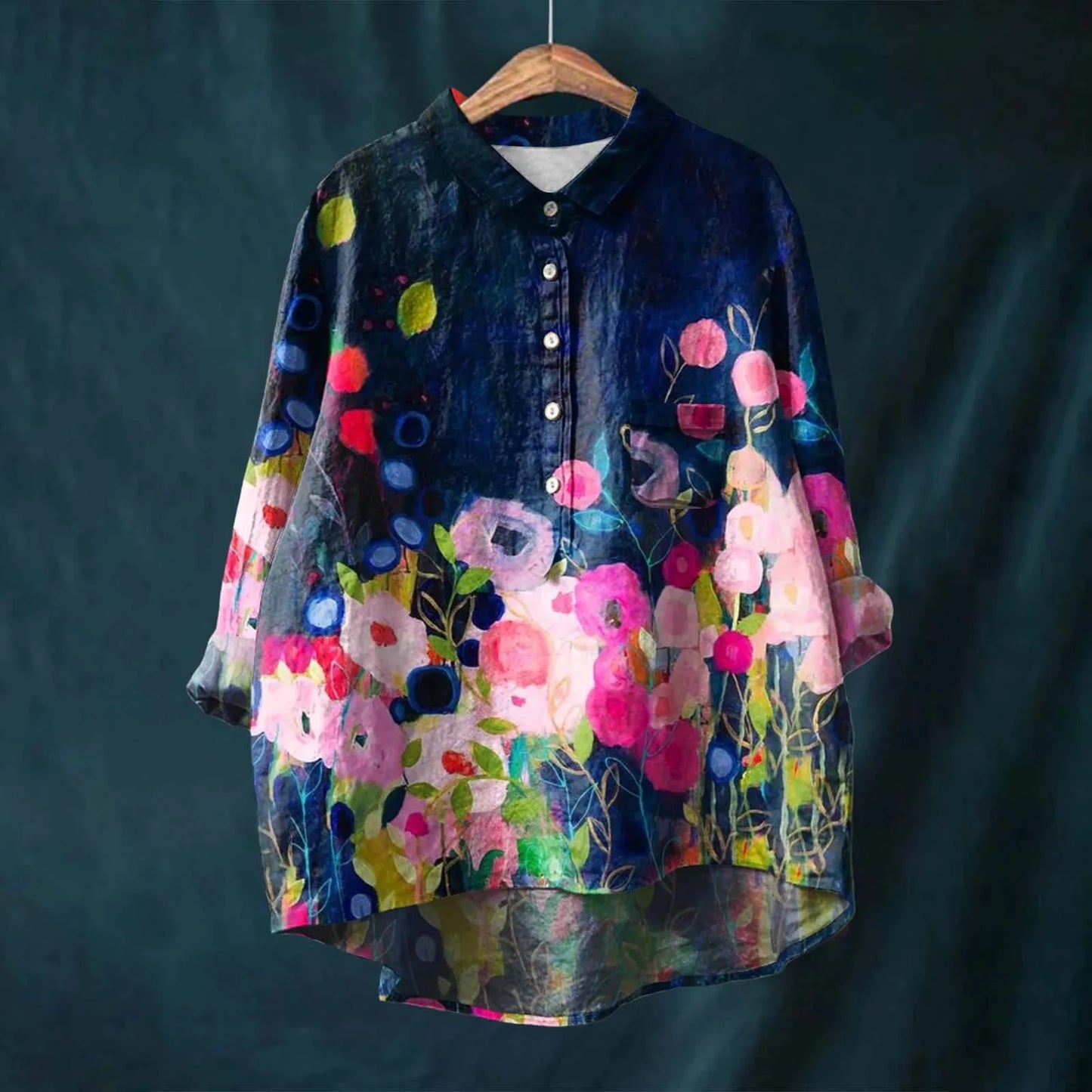 Women's floral botanical shirt relaxed fit high-low hem breathable all-season polyester blouse