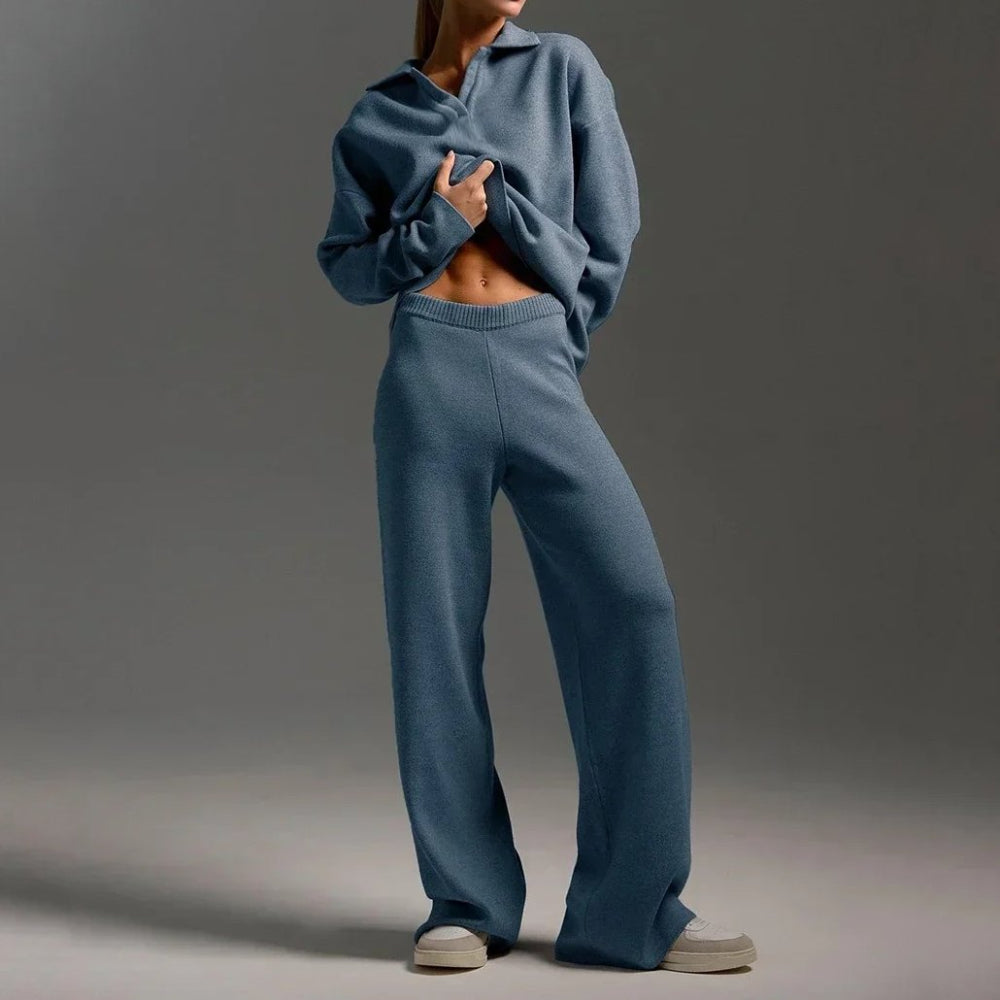 Women's relaxed fit collared V-neck sweater wide-leg pants matching set cozy casual two-piece