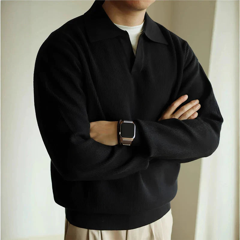 Men's fine-gauge knit polo shirt open V-collar lightweight breathable slim fit neutral tone