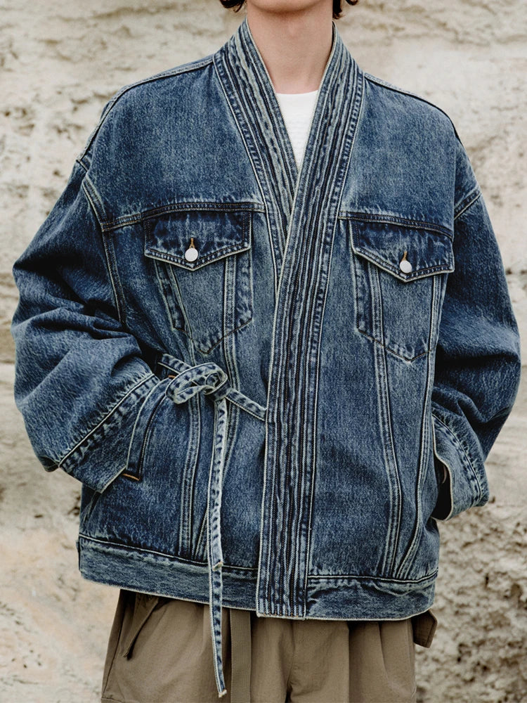 Men's heavyweight washed denim jacket wrap-front lace-up waist rugged streetwear blue