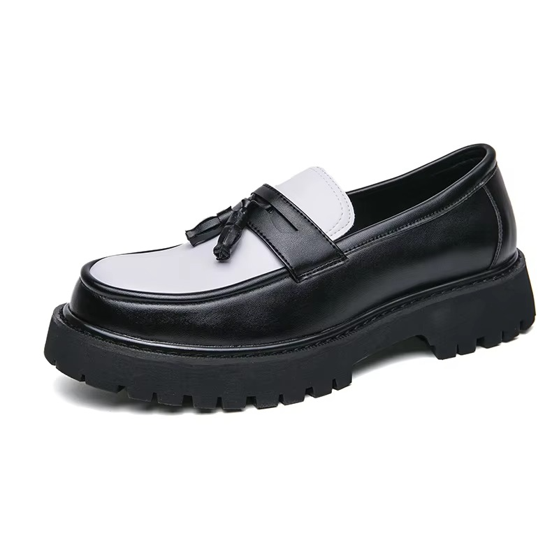 Men's black leather platform loafers slip-on formal dress shoes with thick rubber sole for business