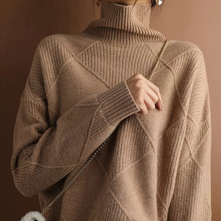 Women's oversized turtleneck knit sweater in soft acrylic blend, relaxed cozy pullover for layering