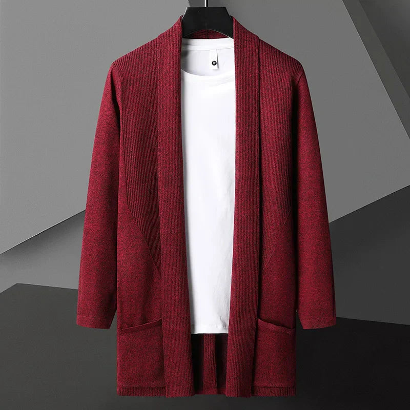Men's lightweight long drape cardigan, open-front matte cotton-linen blend with hidden pockets