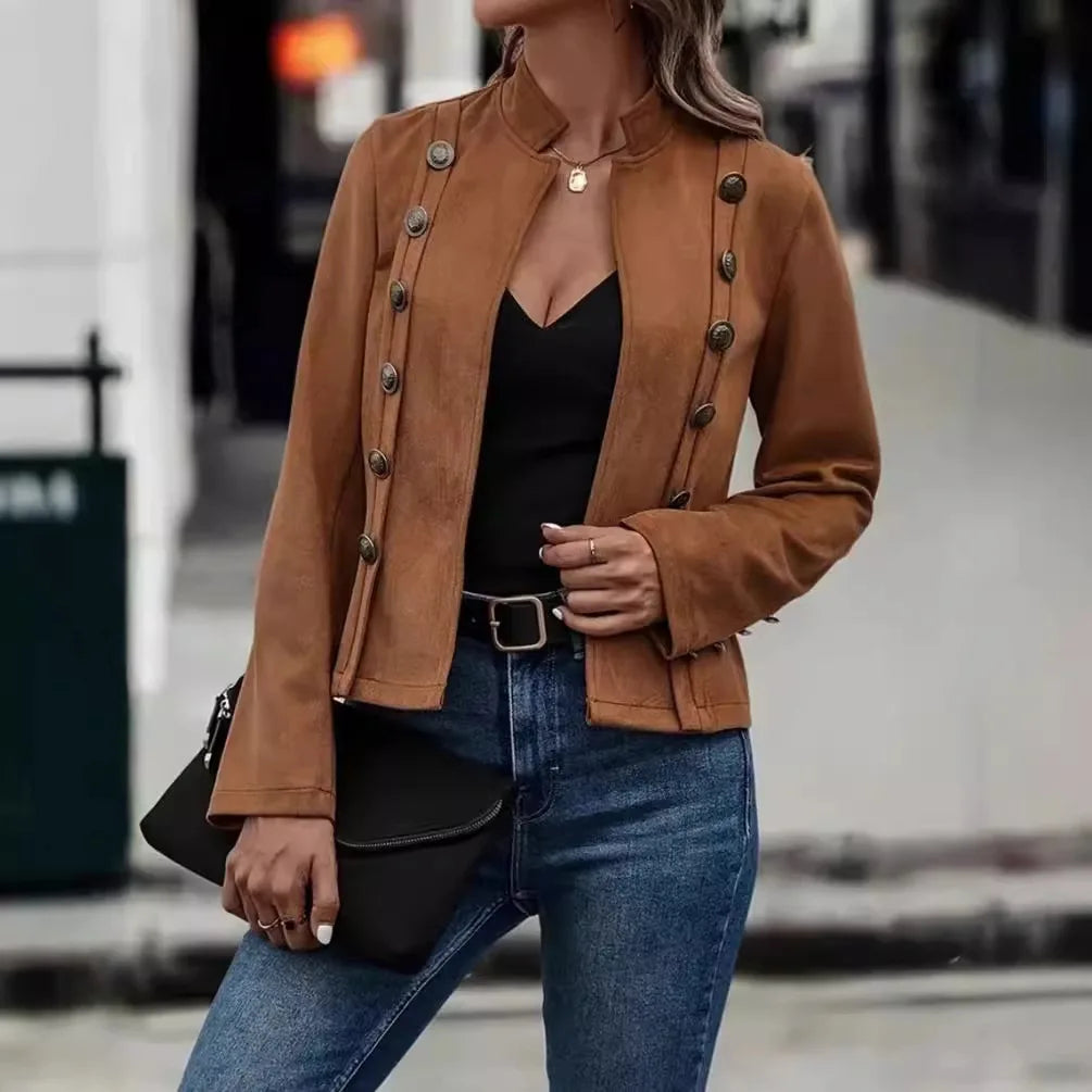 Women's cropped velvet double-breasted jacket tailored fit with decorative buttons chic sophisticated style