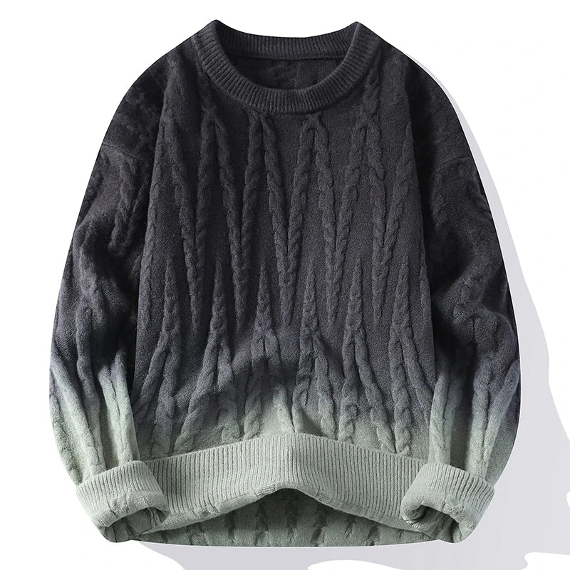 Women's ombre cable knit sweater with gradient color transition and classic textured cable pattern