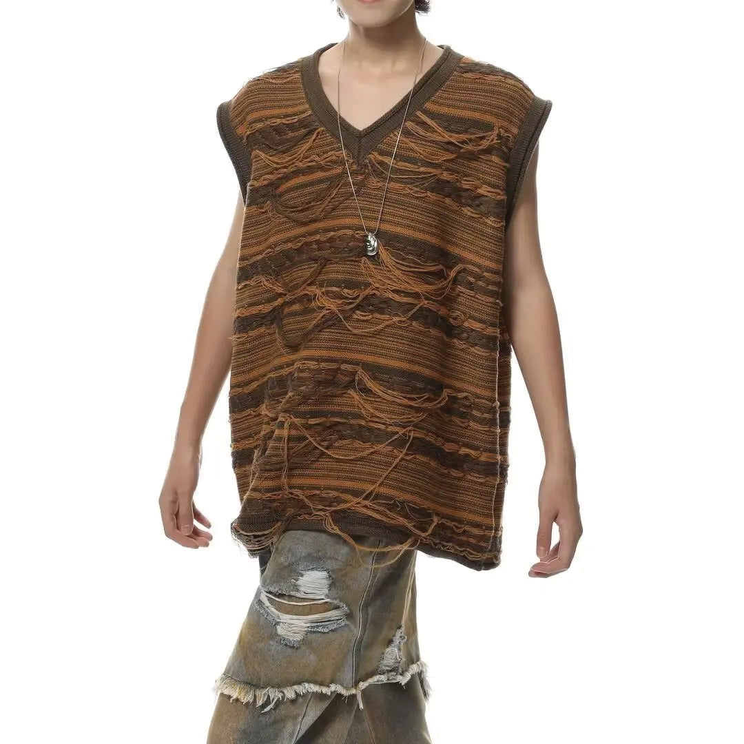 Men's purple frayed knit vest sleeveless V-neck with distressed detailing, Coachella layering essential