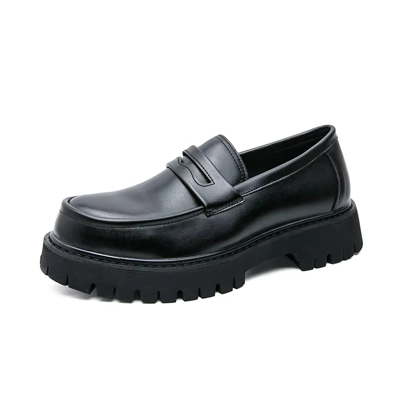 Men's black leather platform loafers slip-on formal dress shoes with thick rubber sole for business