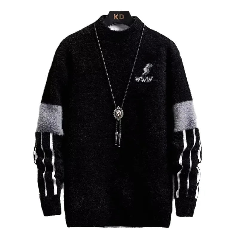 Two-tone textured knit sweater unisex relaxed fit with contrasting sleeve panels plush cozy texture