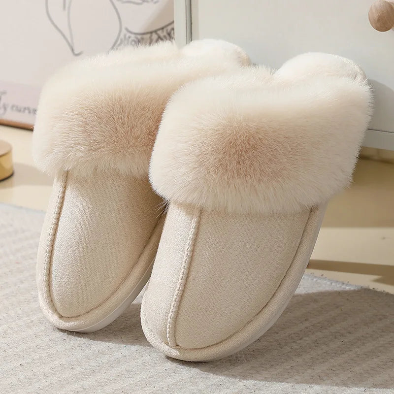 Women's plush fur indoor slippers cozy fluffy design soft warm home footwear for everyday comfort