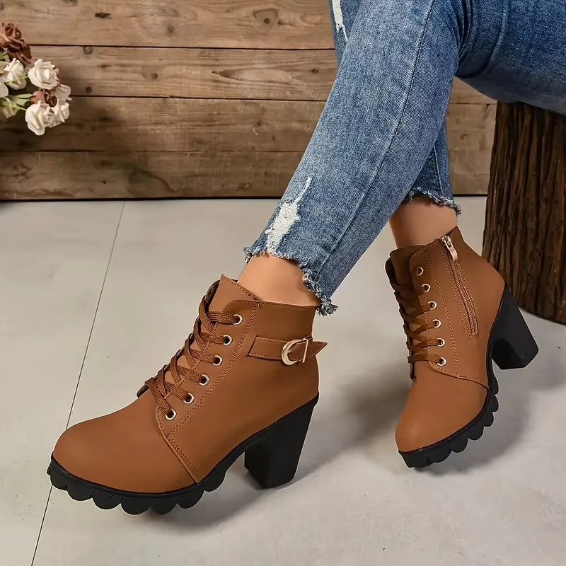 Women's lace-up high heel boots in classic tones, sleek autumn-winter style with anti-slip soles