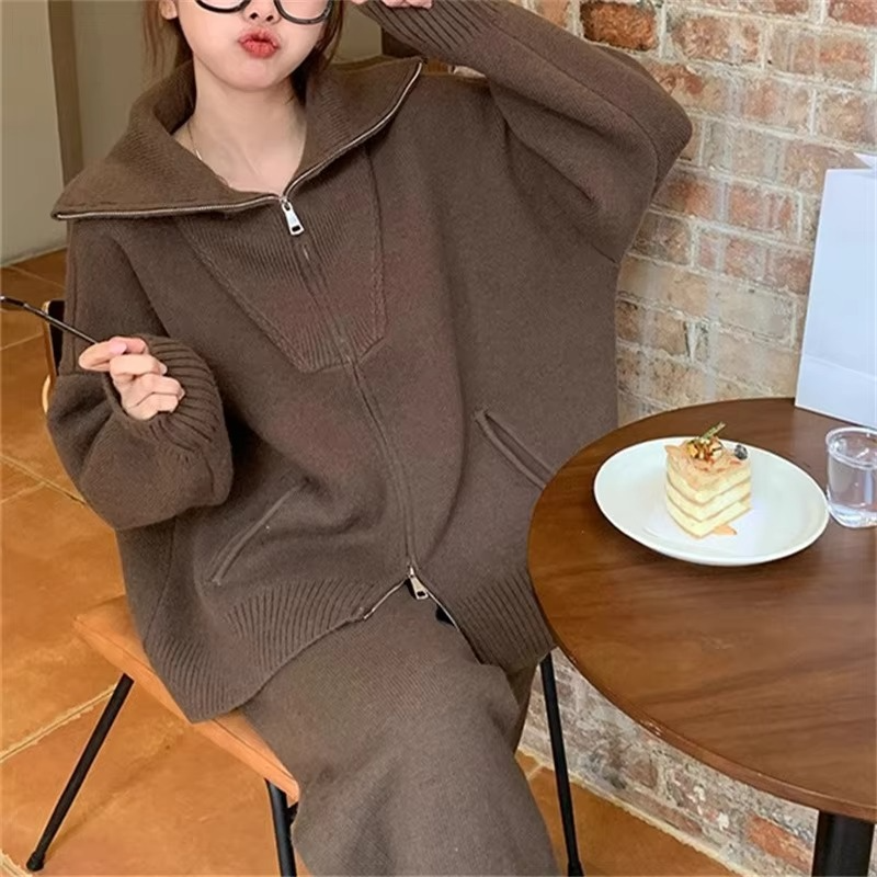 Women's knit two-piece set with zippered sweater coat and wide-leg pants, chic coordinated winter outfit