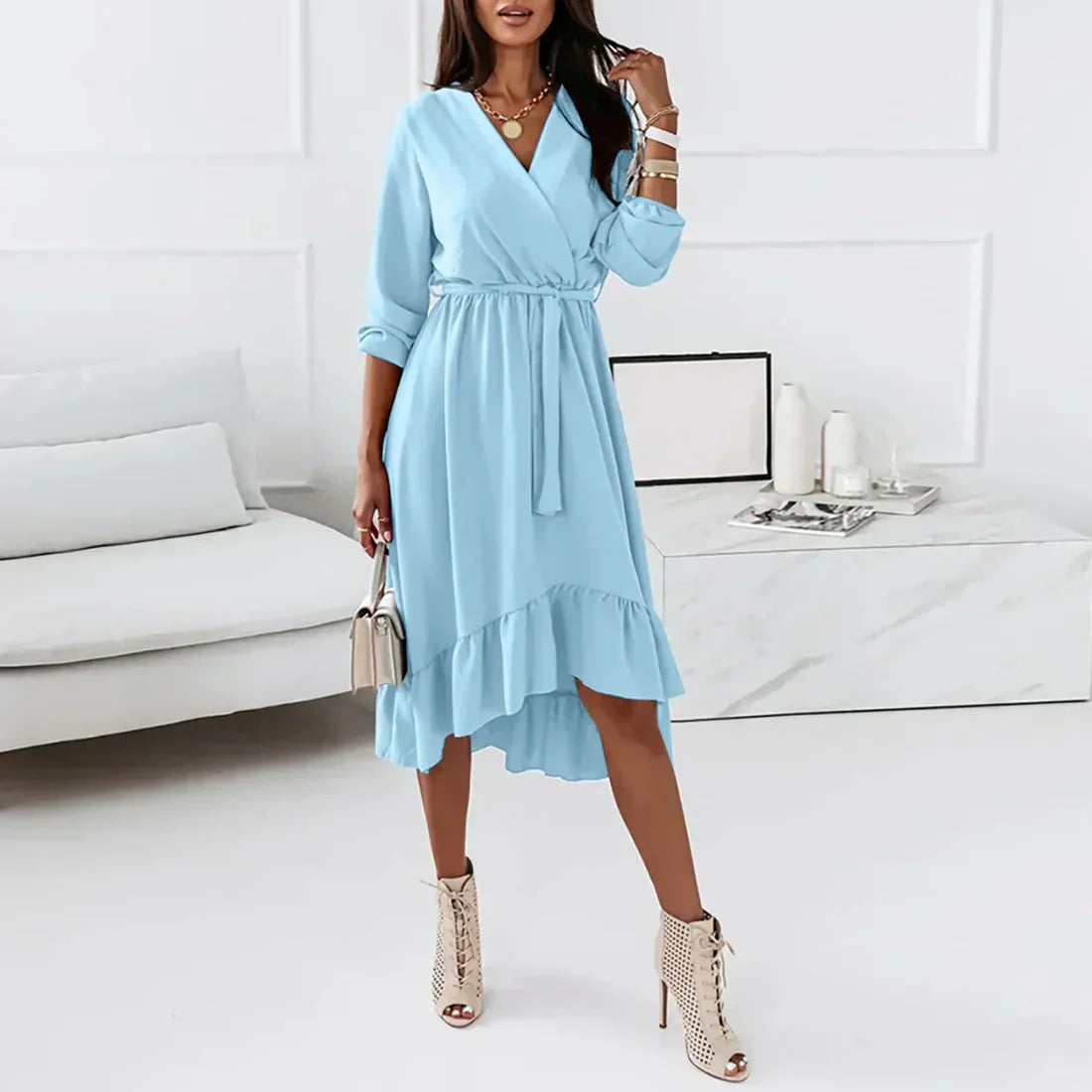 Women's elegant wrap dress flowing silhouette long sleeves waist-accentuating versatile occasion wear