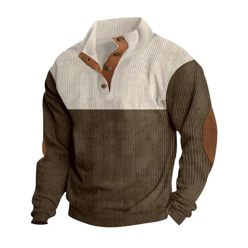 Two-tone button-up men's knit sweater with elbow patches, contrasting panels, modern structured fit