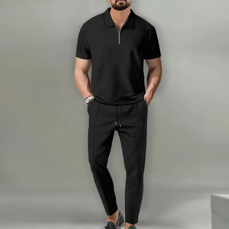 Men's 2-piece waffle knit zip polo and drawstring pants set, solid color modern urban fit