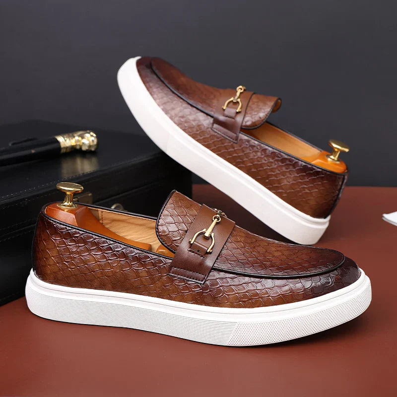 Men's vegan leather embossed loafers with gold horsebit buckle, slip-on dress shoe white sole