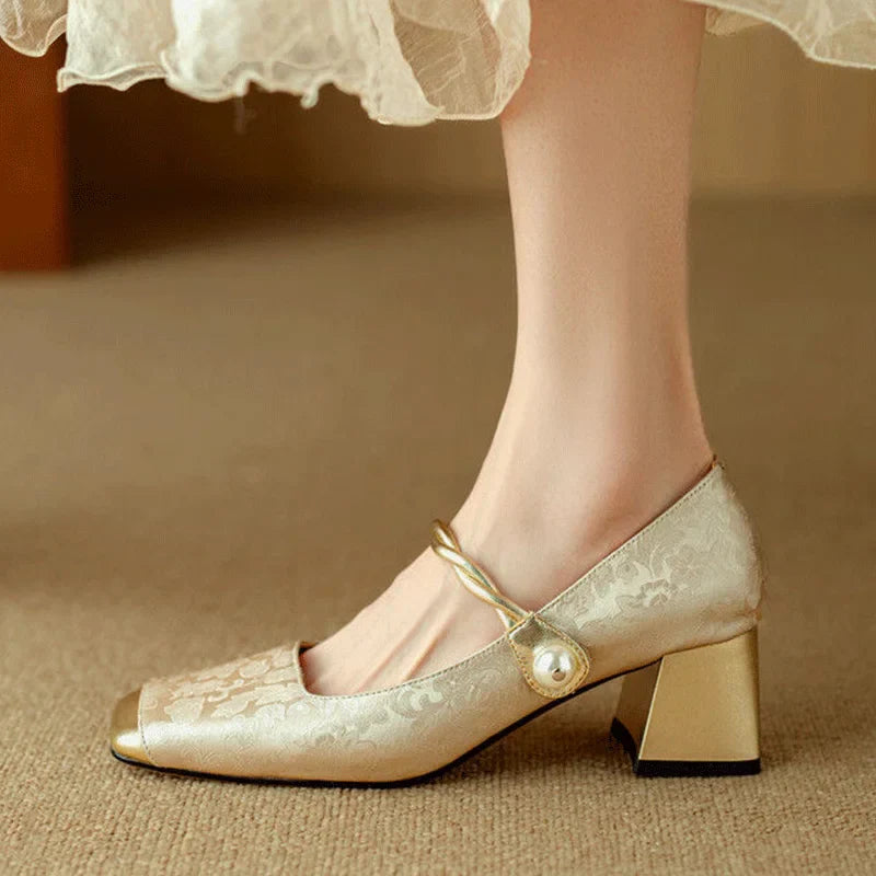 Women's floral embossed square toe heels with sculpted silhouette and all-day comfort design