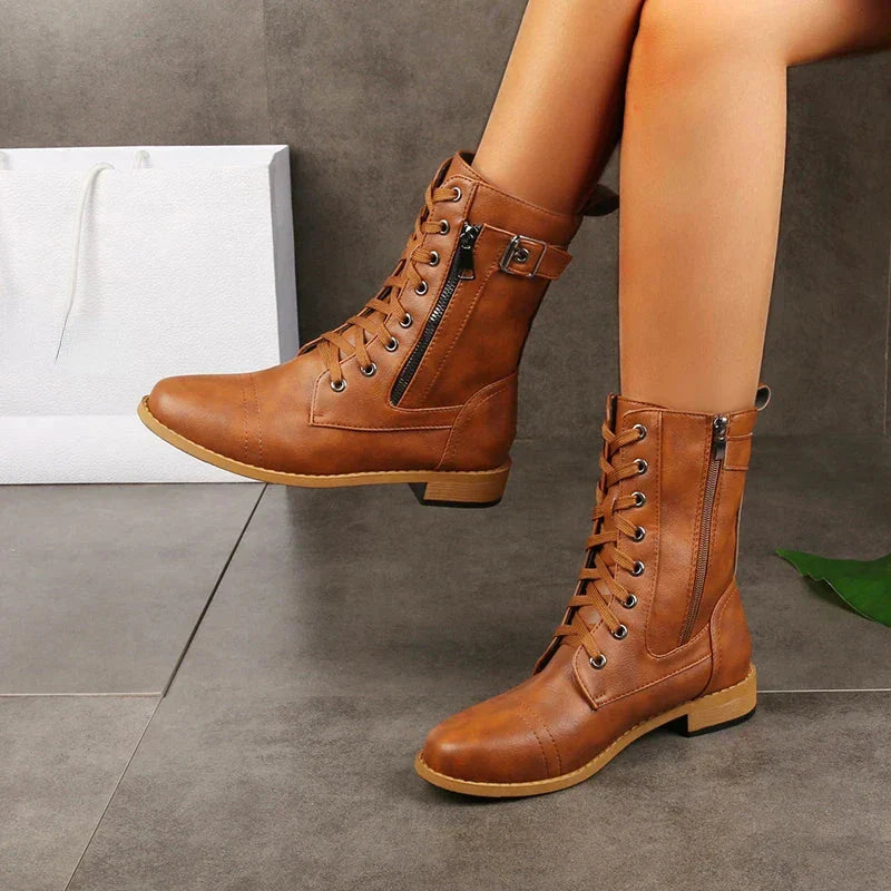 Women's black premium leather mid-calf combat boots with lace-up buckle closure bold urban style