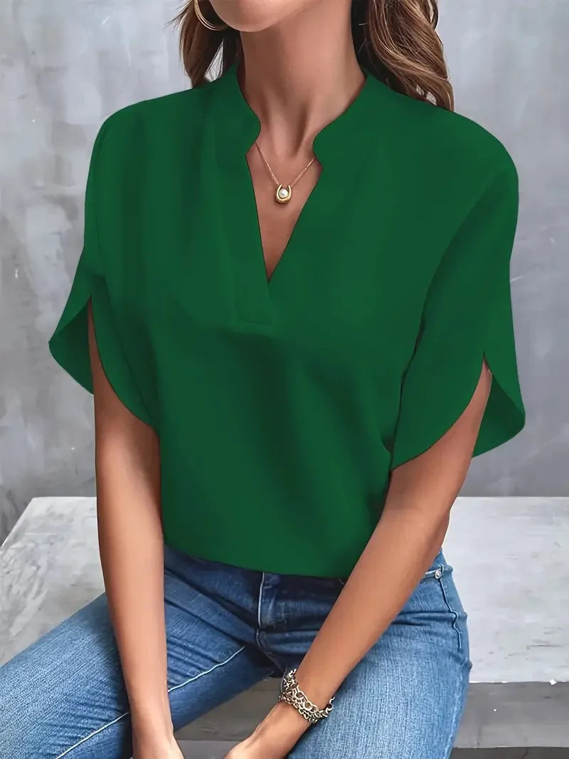 Riley women's white V-neck short sleeve work blouse sleek relaxed fit office professional essential
