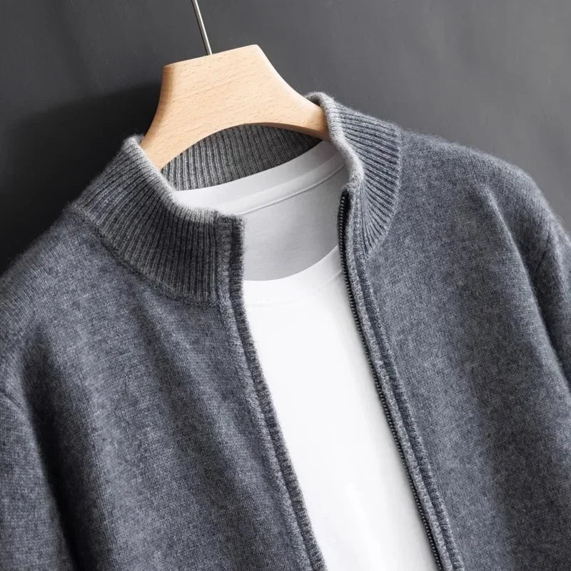 Men's mock neck wool blend zip-up knit jacket with ribbed trim, versatile warm regular fit