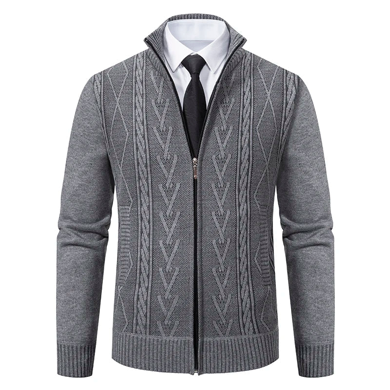 Men's slim fit wool cable knit full zip cardigan sweater with stand collar in classic style