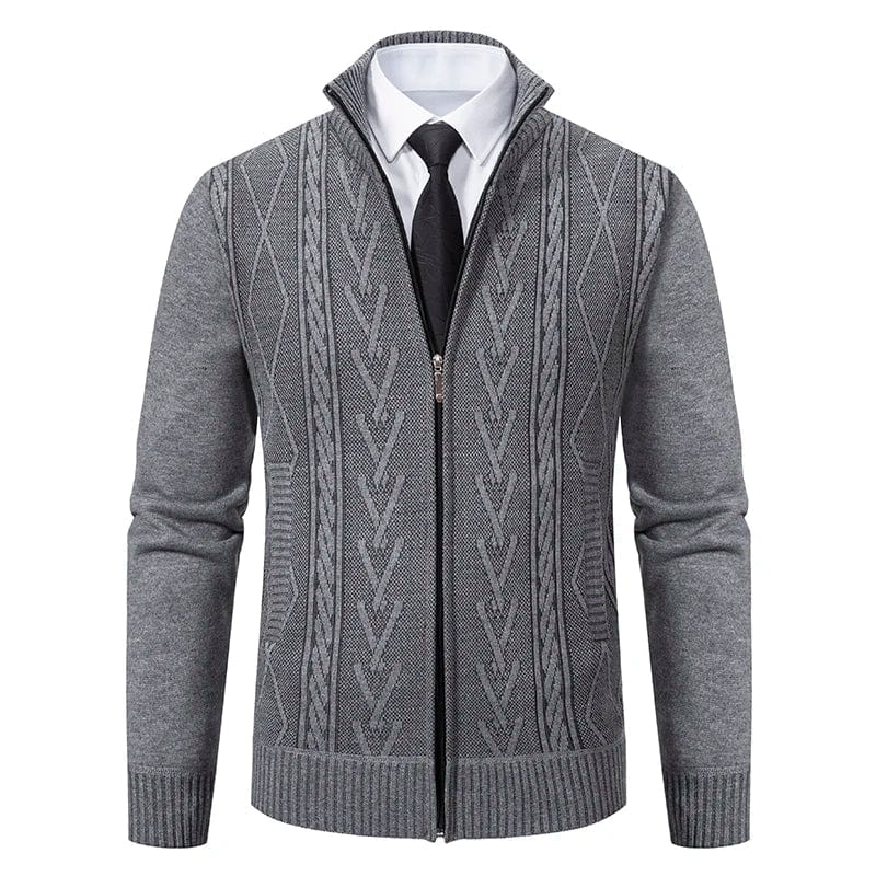 Men's gray cable knit zip-up sweater with stand collar and geometric textured front panel