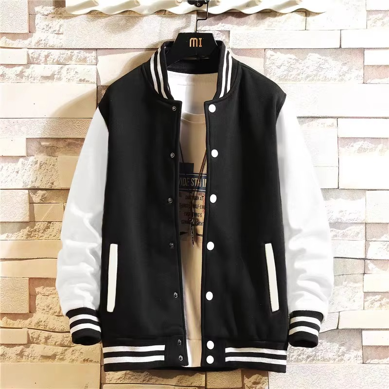 Black gray white oversized fleece baseball jacket unisex streetwear with relaxed silhouette