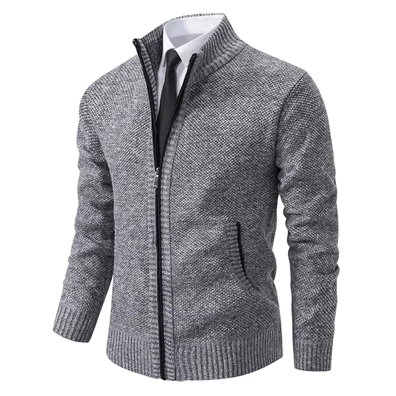 Men's fleece lined stand collar zip cardigan warm cozy versatile winter jacket for fall