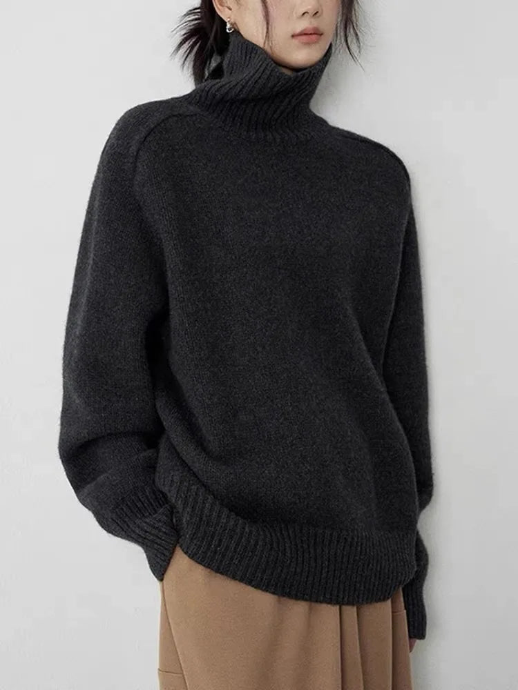 Women's oversized high neck wool blend sweatshirt ribbed trim cozy lounge neutral tones