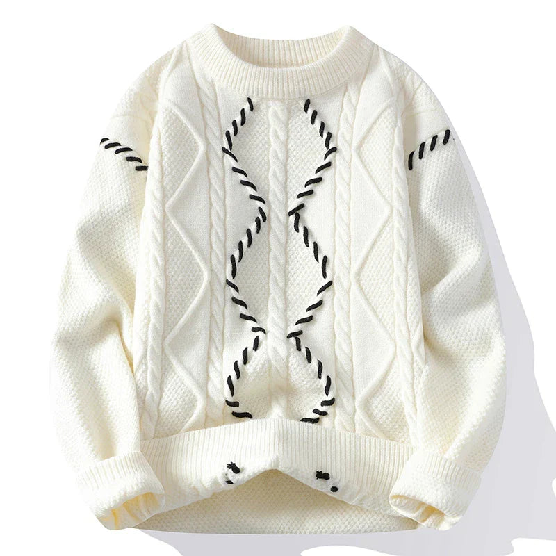 Cream cable knit crewneck sweater diamond pattern ribbed trims unisex midweight casual pullover