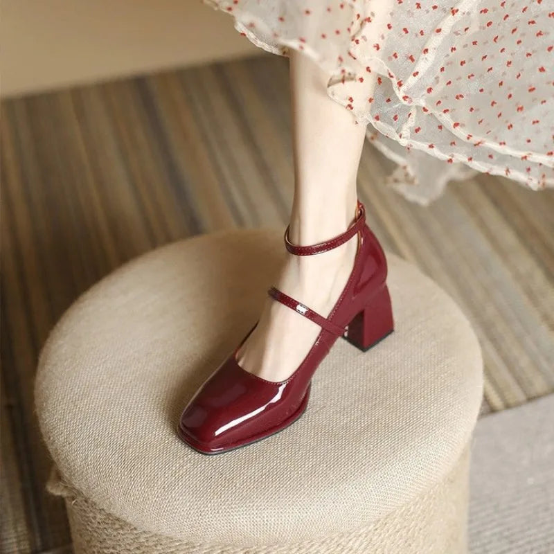 Celeste | Women's Ankle Strap Block Heel Pumps Square Toe Mary Jane