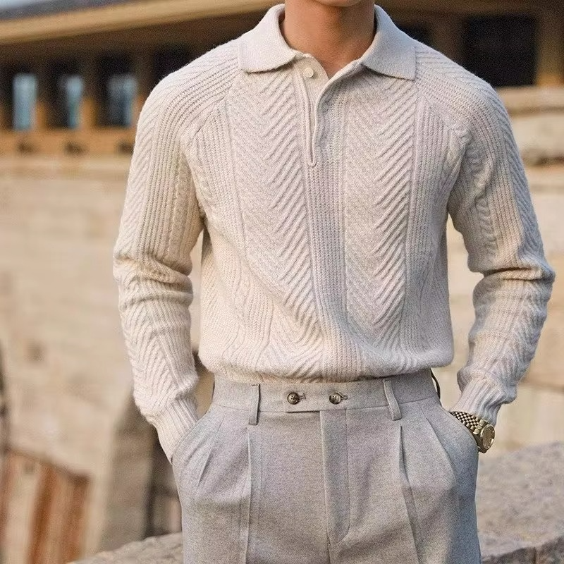 Men's lightweight knitted polo sweater button lapel smart casual acrylic blend everyday warmth