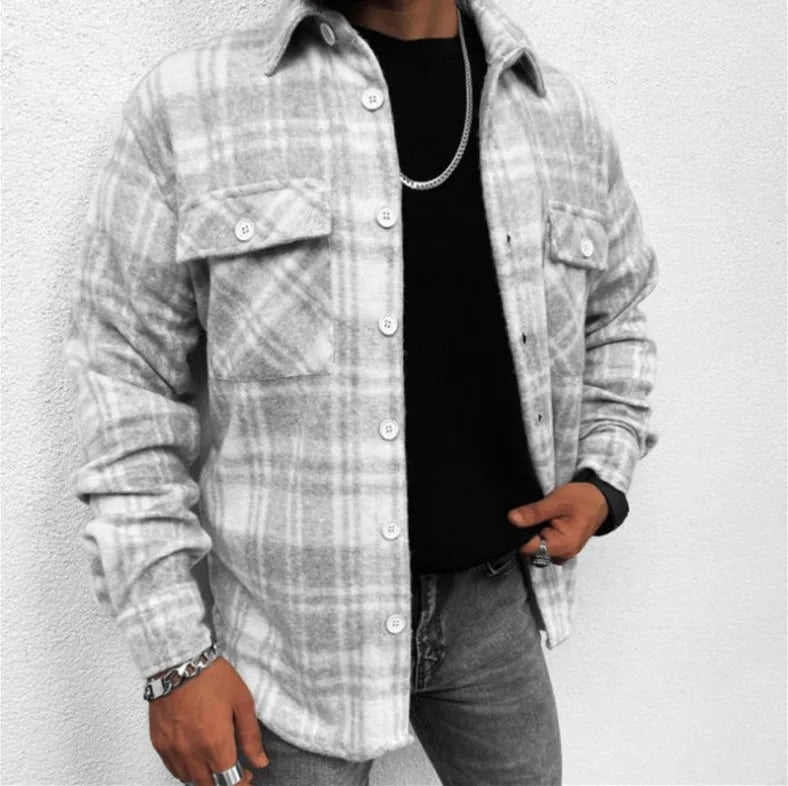 Men's blue and white check winter long sleeve shirt relaxed fit contemporary plaid pattern