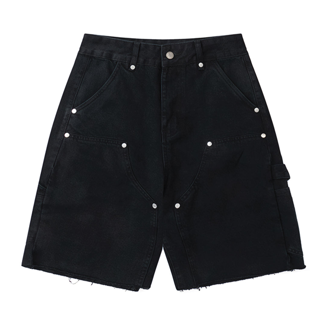 Men's blue sun-washed denim carpenter shorts knee-length workwear style with riveted pockets raw hem