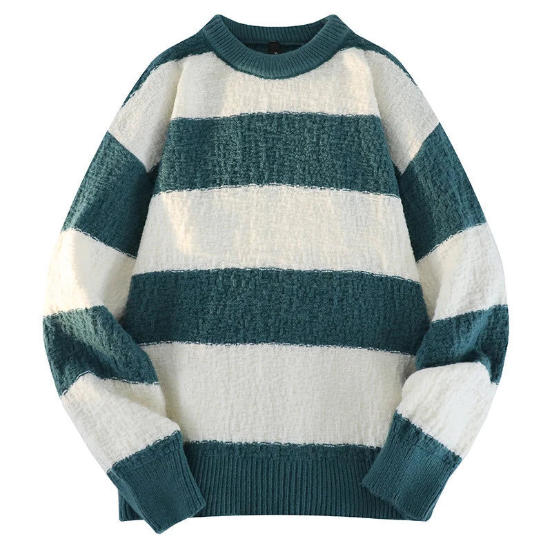 Black and white bold stripe knit sweater, oversized relaxed fit streetwear layering essential for men
