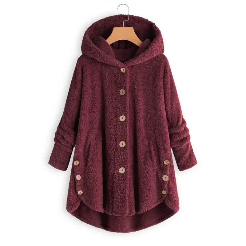 Women's hooded fleece jacket relaxed fit button front plush texture side pockets cozy casual