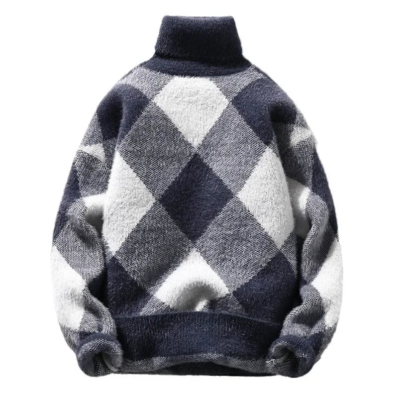 Cream oversized argyle turtleneck knit sweater with bold diamond pattern for a cozy refined look